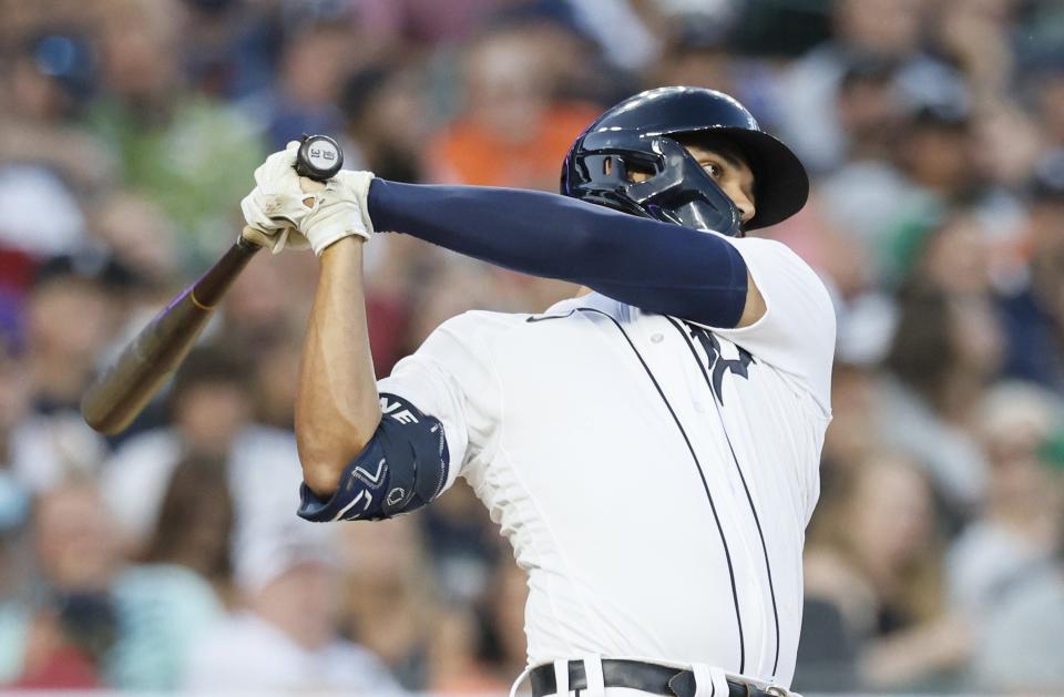 Tigers designated hitter Riley Greene hits a two-run home run against the Padres during the seventh inning of the Tigers'  5-4 loss on Friday, July 21, 2023, at Comerica Park.