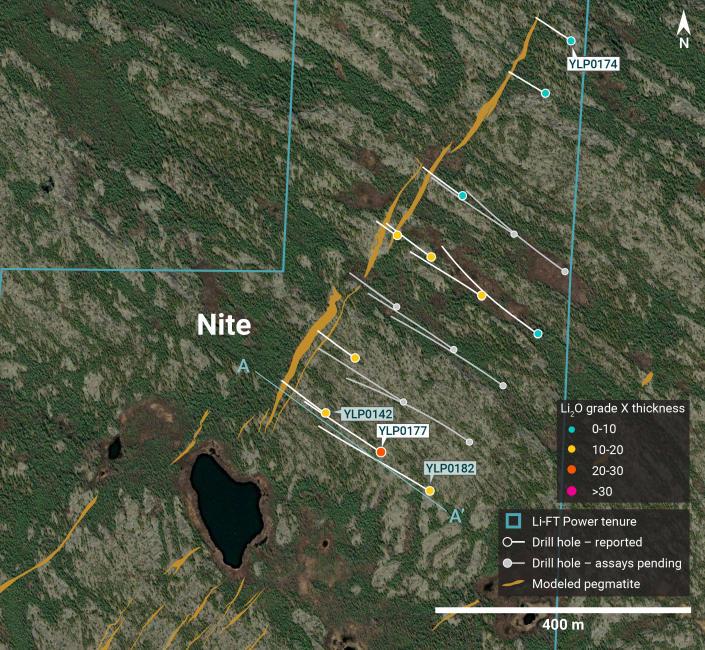 Plan view showing the surface expression of the Nite pegmatite with diamond drill holes reported in this press release.