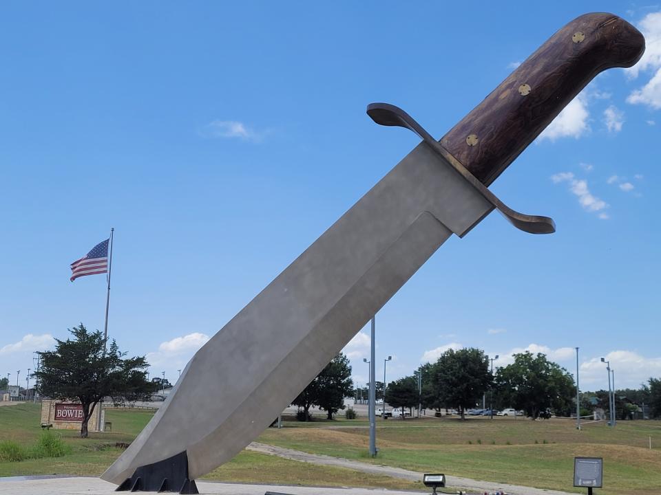 The "World's Largest Bowie Knife," seen in Bowie, Texas, Aug. 5, 2023, measures 20 feet 6 inches long.