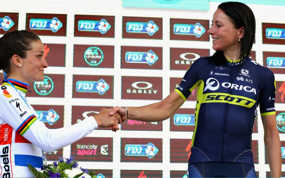 Lizzie Deignan (L) congratulates Annemiek van Vleuten after her stage win in the fourth La Course  - Credit: Chris Graythen /Getty Images