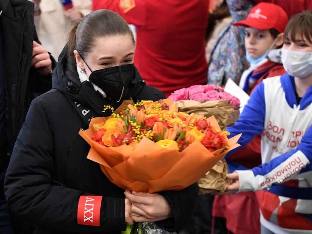 Kamila Valieva returns from the Winter Olympics (AFP via Getty Images)