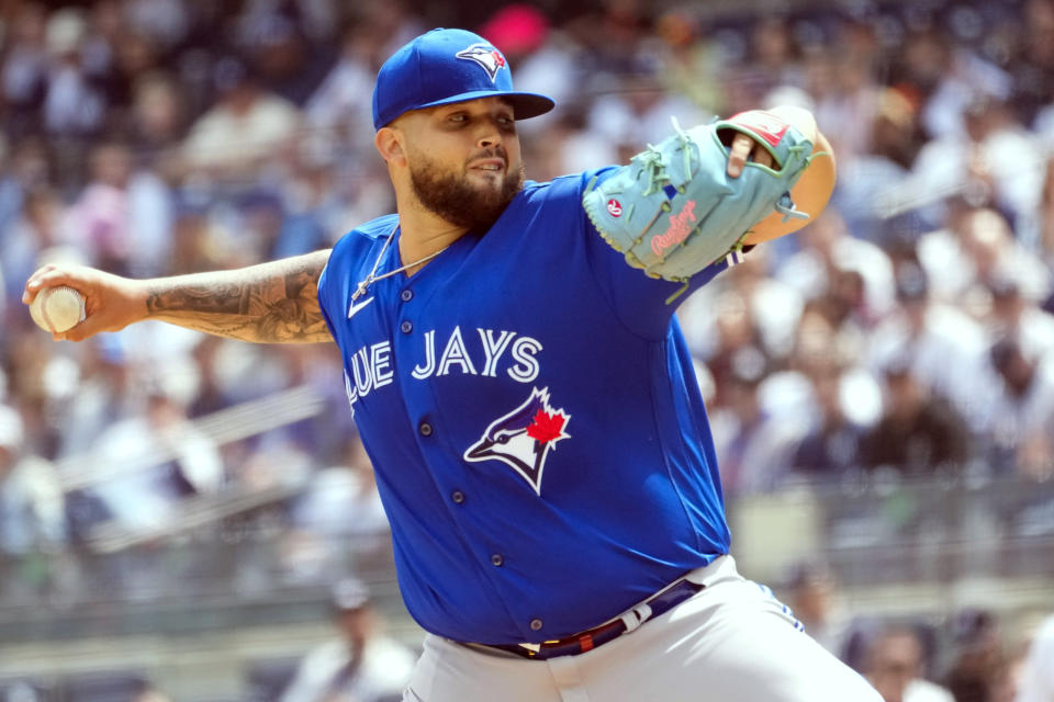 Toronto Blue Jays pitcher Alek Manoah delivers against the New York Yankees in the first inning of a baseball game, Saturday, April 22, 2023, in New York. (AP Photo/Mary Altaffer)