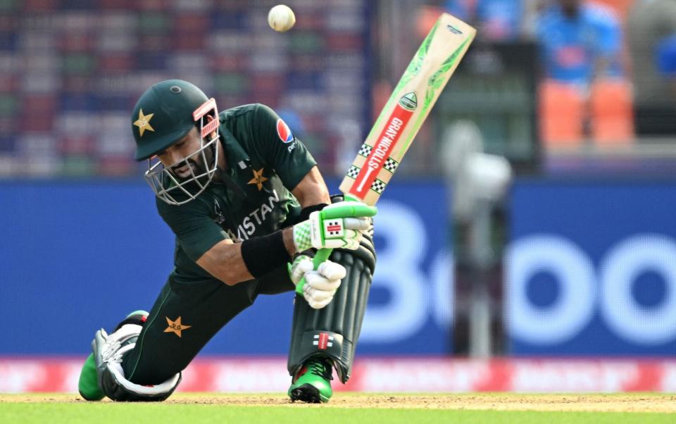 Pakistan's Mohammad Rizwan plays a scoop