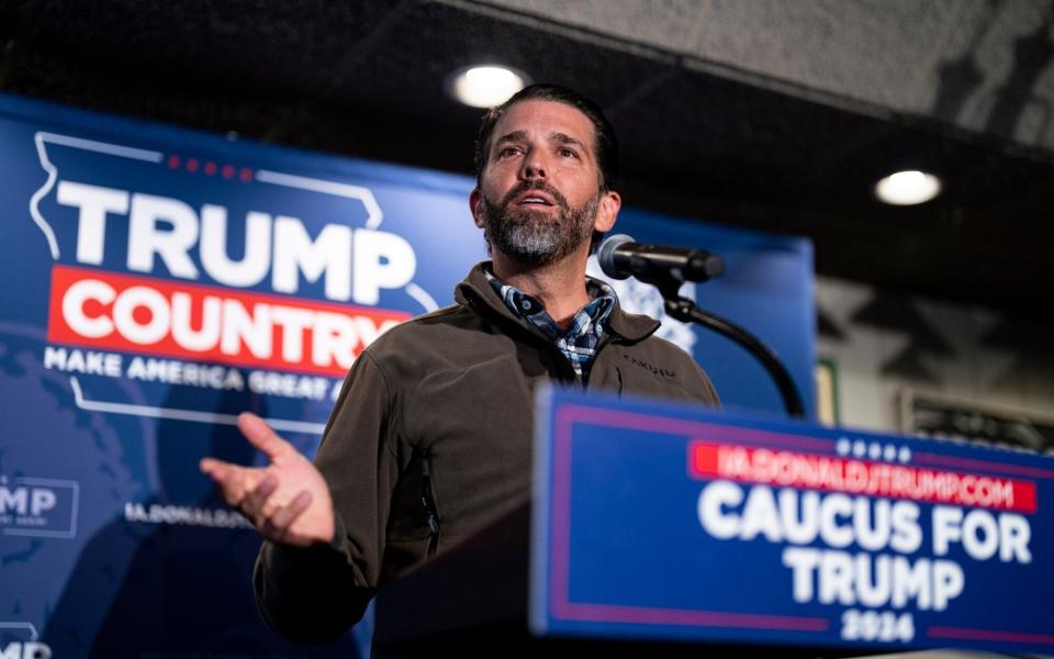 Donald Trump Jr speaks to the Bull Moose Conservative Club at the Machine Shed in Urbandale, Iowa on Thursday