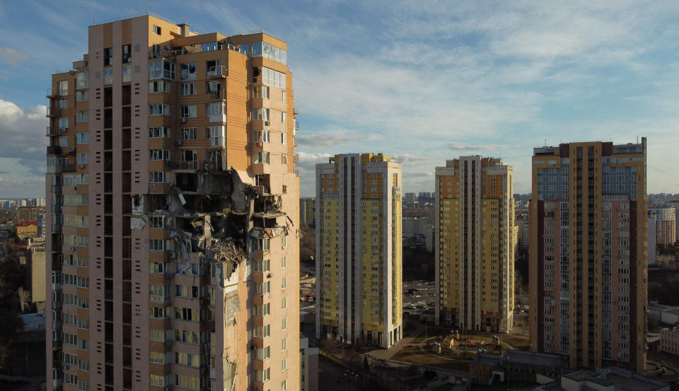 This general view shows damage to the upper floors of a building in Kyiv on Feb. 26, after it was reportedly struck by a Russian rocket.