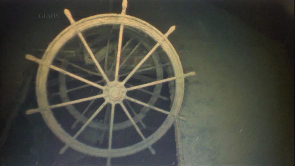 The wheel of the 244-foot bulk carrier Arlington is shown in this photo from the shipwreck.