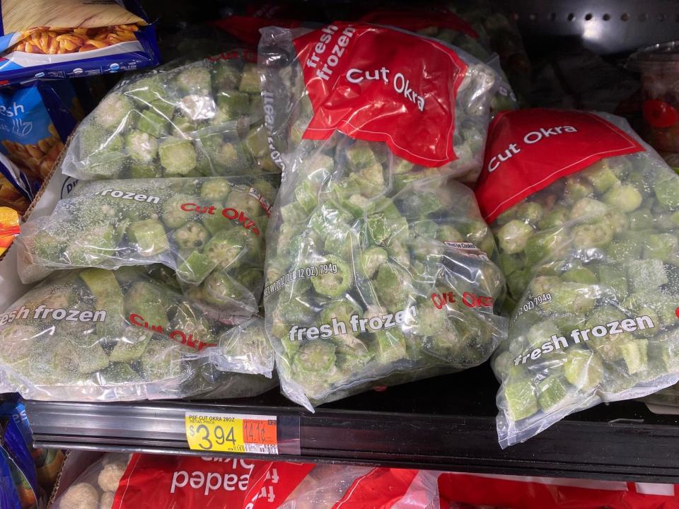 bags of frozen okra in the freezer aisle at walmart