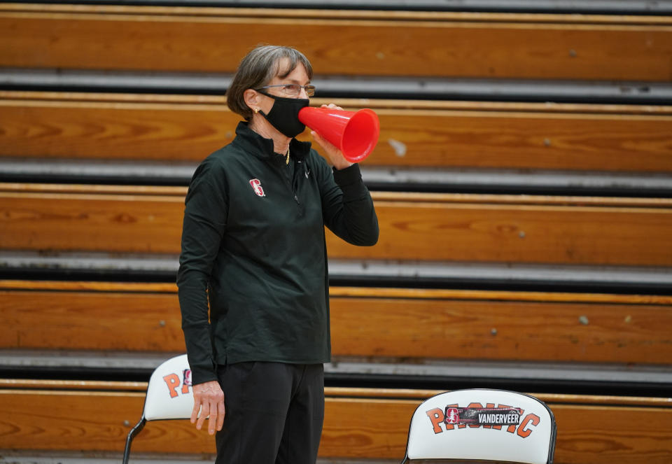 Head Coach Tara VanDerveer of Stanford instructs her players during a game between Stanford and Pacific at Alex G. Spanos Center on December 15, 2020 in Stockton, California.(Photo by John Todd/ISI Photos/Getty Images).