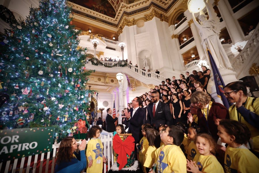 Governor Josh Shapiro, Lieutenant Governor Austin Davis, and Department of General Services Secretary Reggie McNeil kicked off the 2023 holiday season at the Capitol in Harrisburg with the 2023 Annual Tree Lighting Ceremony.