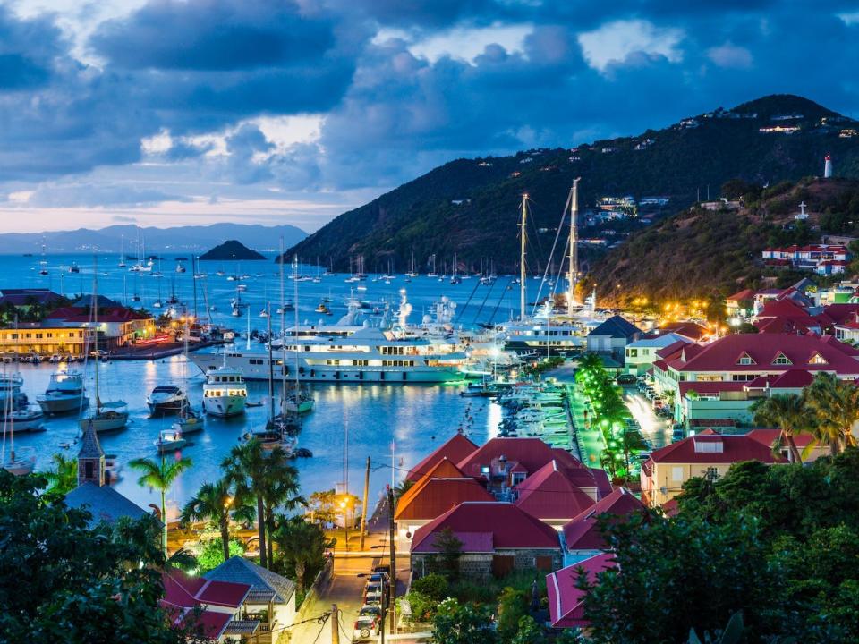 The town of Gustavia at night.