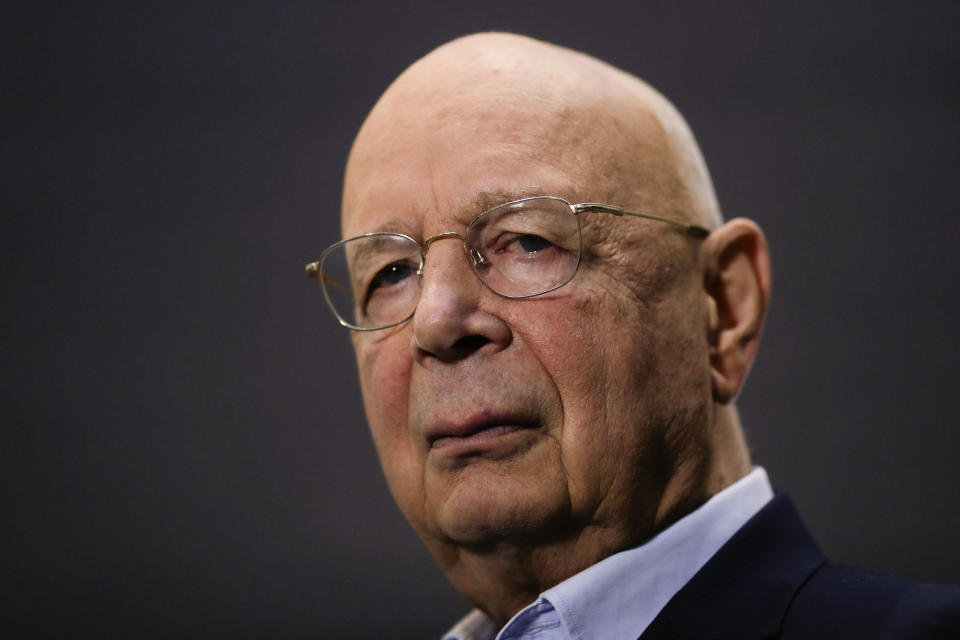 Klaus Schwab, founder and Executive Chairman of the World Economic Forum, poses during an interview by the Associated Press on the eve of the World Economic Forum, WEF, in Davos, Switzerland, Sunday, Jan. 20, 2019. (AP Photo/Markus Schreiber)