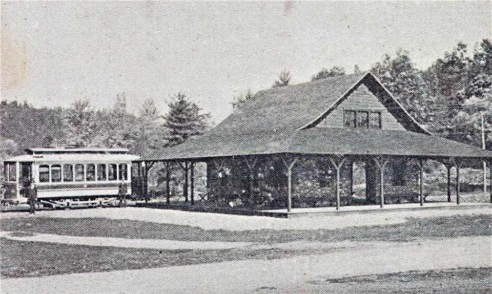 A postcard view of the Chambersburg & Gettysburg trolley car sitting at the Caledonia station during the early 1900s.