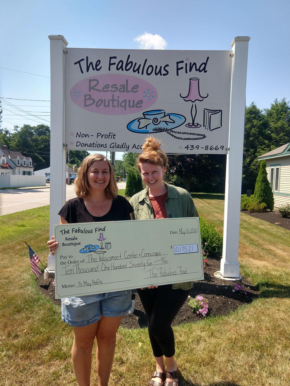 Alissa Megee, the Administrative Manager at The Waysmeet Center, and Avary Thorne from The Waysmeet Center Board of Directors, receiving the check for this very generous donation from The Fabulous Find.
