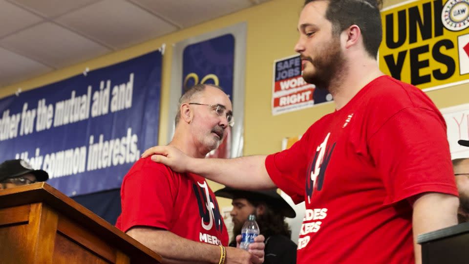 David Johnston, right, a worker at Mercedes, thanks UAW President Shawn Fain following a press conference in Tuscaloosa, Alabama on May 17, 2024, after workers at two Alabama Mercedes-Benz factories voted overwhelmingly against joining the United Auto Workers union. - Kim Chandler/AP