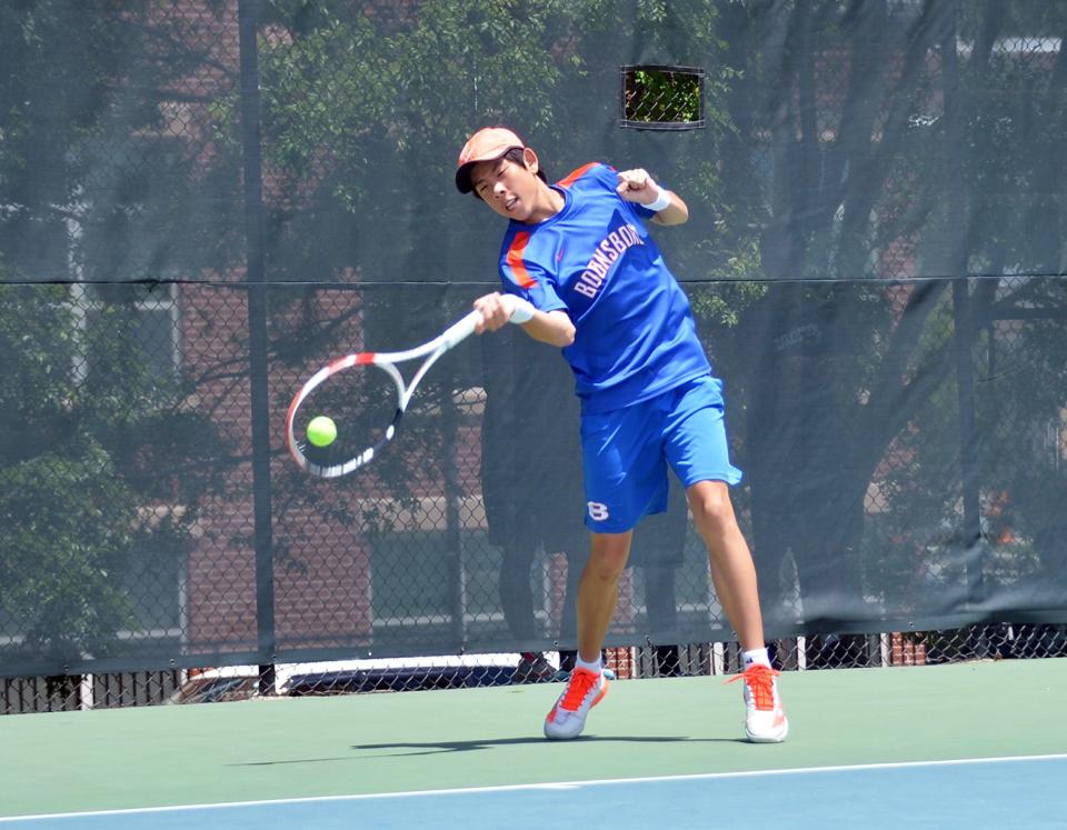 Boonsboro freshman Hunter Liao hits a forehand during the Maryland Class 1A boys singles final on May 28 at the Wilde Lake Tennis Club. Liao became the first Washington County player to win a boys singles state title in 37 years, and the second ever.
