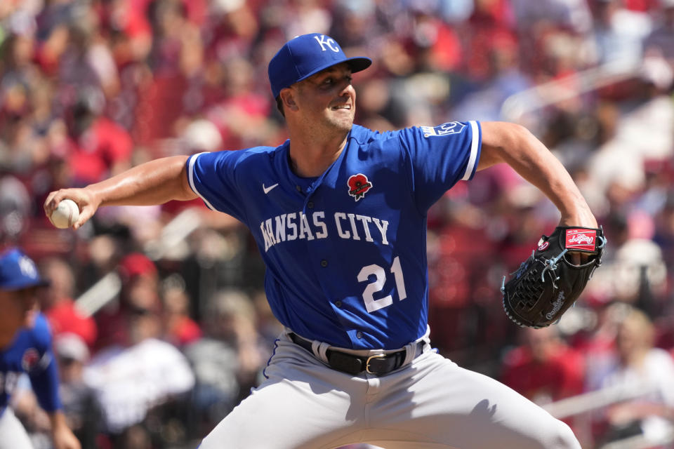 Kansas City Royals relief pitcher Mike Mayers throws during the eighth inning of a baseball game against the St. Louis Cardinals Monday, May 29, 2023, in St. Louis. (AP Photo/Jeff Roberson)