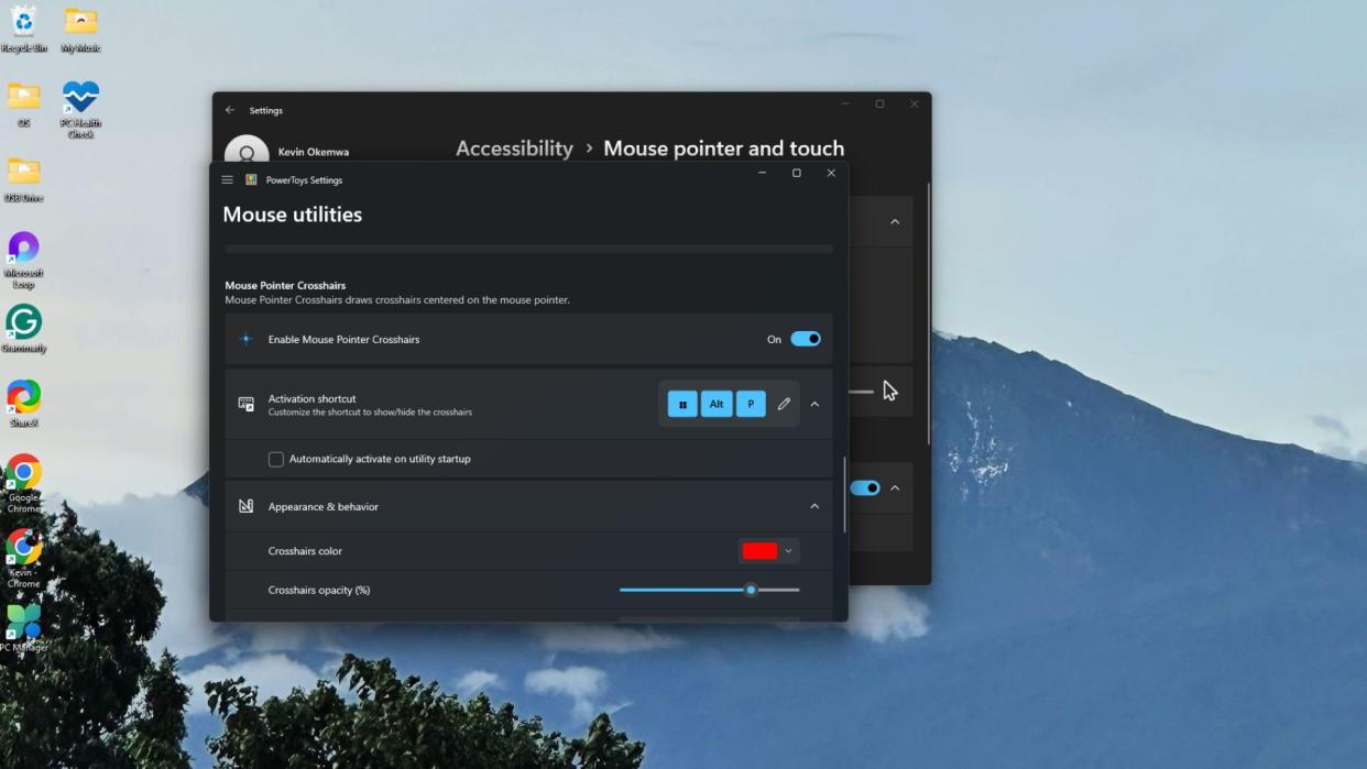  Enabling the PowerToys Mouse Pointer Crosshairs feature on Windows 11. 