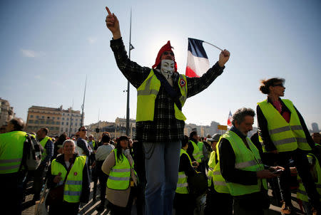 Protesters wearing yellow vests take part in a demonstration of the "yellow vests" movement in Marseille, France, February 23, 2019. REUTERS/Jean-Paul Pelissier