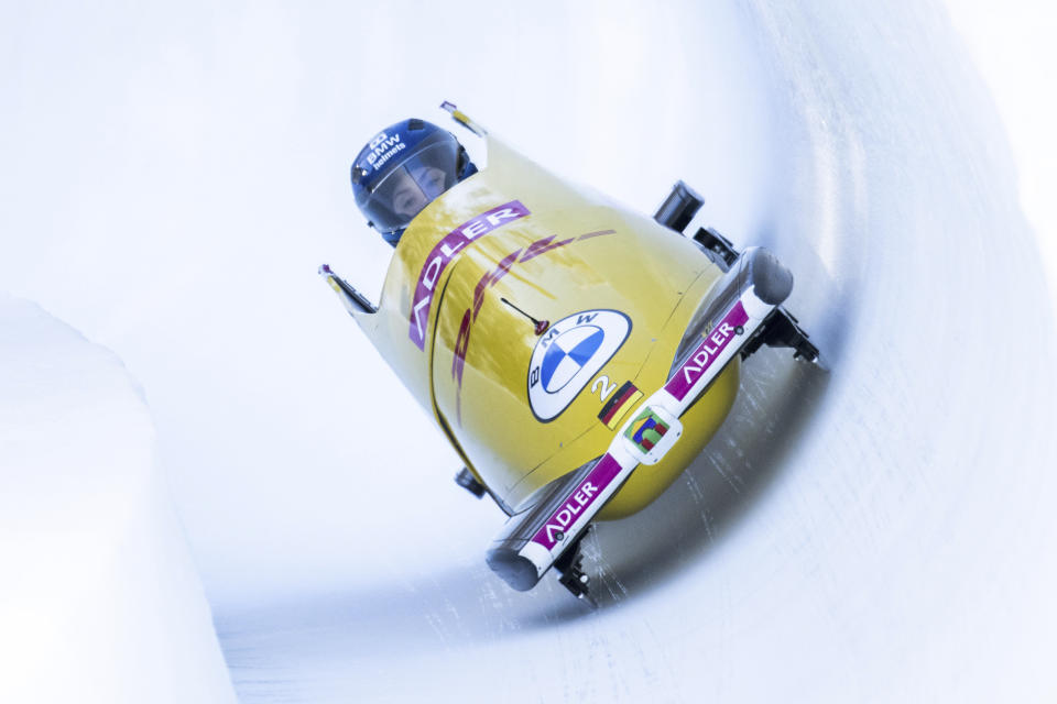 Germany's Laura Nolte slides down the track during the Women's Monobob world cup race in St. Moritz, Switzerland, Saturday, Jan. 13, 2024. (Mayk Wendt/Keystone via AP)