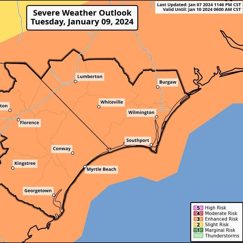 Severe weather is expected on Tuesday, Jan. 9 in the Wilmington area.