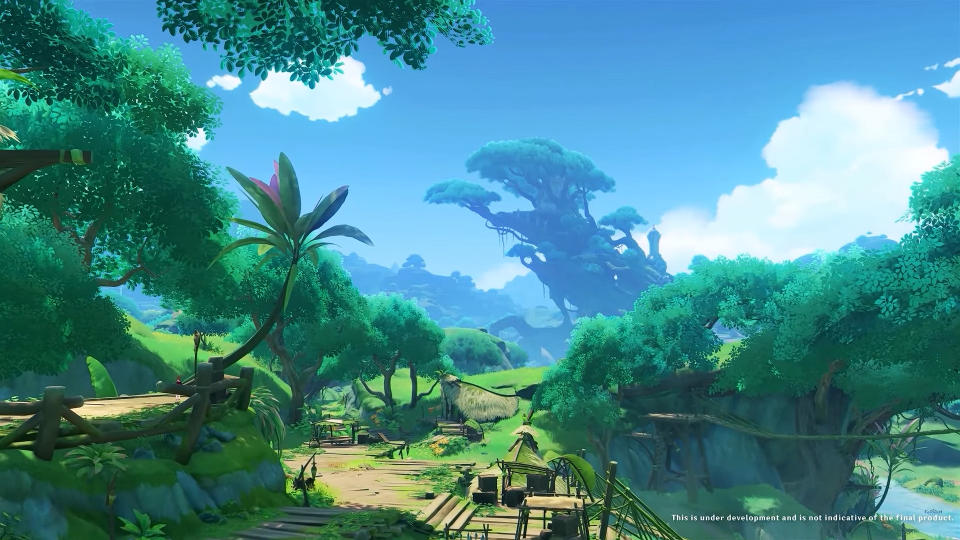 In-game screenshot of Sumeru from Genshin Impact showing lush forests