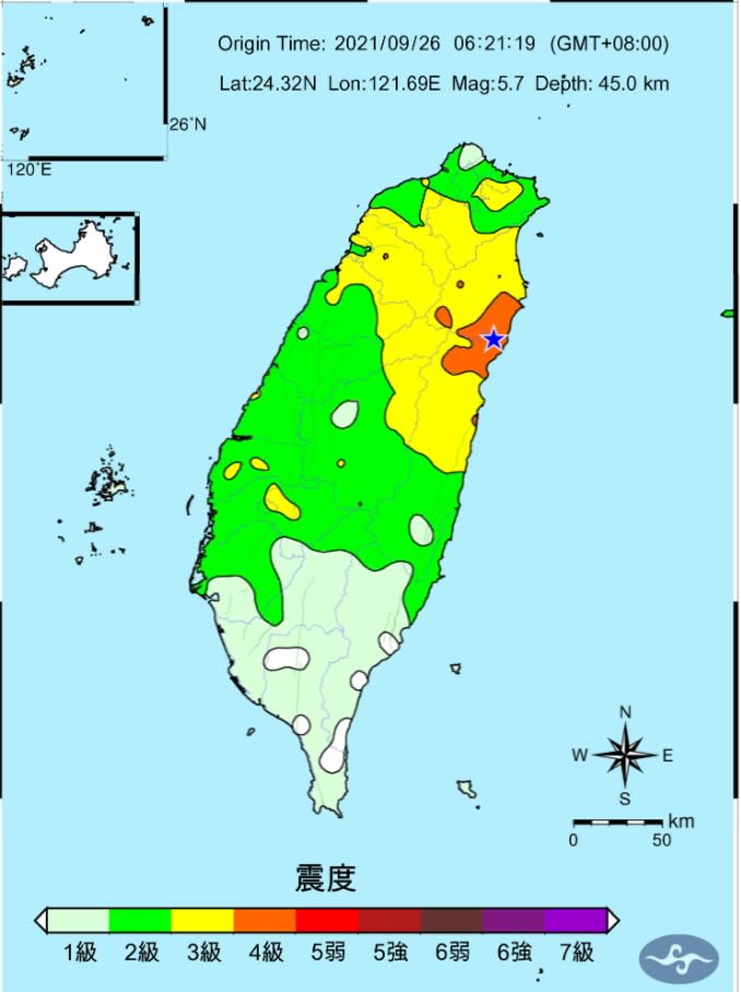 今天清晨6時21分發生規模5.7地震，震央位於花蓮縣秀林鄉，此圖為各地震度圖 。   圖/「報地震 - 中央氣象局」