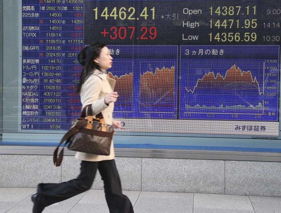 A woman runs by an electronic stock board of a securities firm in Tokyo, Friday, Feb. 7, 2014. Asian stock markets were mostly higher Friday, mirroring gains on Wall Street in anticipation of a positive U.S. jobs report for January. Japan's benchmark Nikkei 225 index surged 1.6 percent to 14,382.77. (AP Photo/Koji Sasahara)