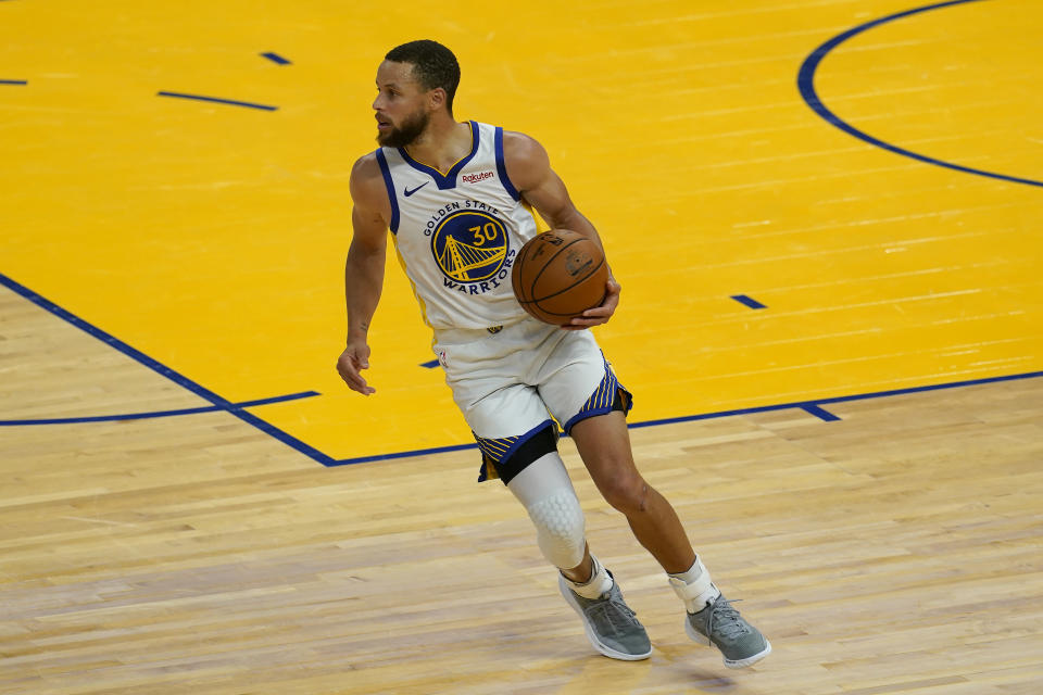 Golden State Warriors guard Stephen Curry during an NBA basketball game against the Memphis Grizzlies in San Francisco, Sunday, May 16, 2021. (AP Photo/Jeff Chiu)