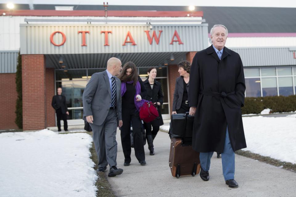 Canada's former Prime Minister Mulroney prepares to board the Royal Canadian Air Force Airbus CC-150 Polaris for a trip to Johannesburg, in Ottawa