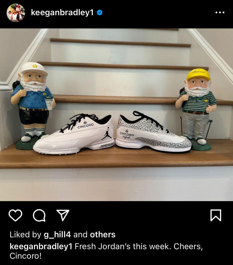 Keegan Bradley's Instagram post promoted his Cincoro-branded Jordan golf shoes.