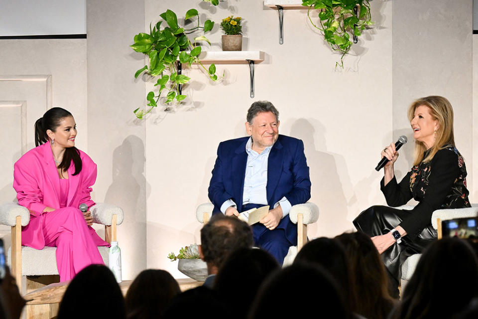 Selena Gomez, Sir Lucian Grainge and Arianna Huffington at the Music + Health Summit presented by Universal Music Group and Thrive Global at 1 Hotel on September 19, 2023 in West Hollywood, California. Arianna Huffington, Sir Lucian Grainge and Willow Bay at Universal Music Group and Thrive Global's first Music + Health conference in association with Havas Health at 1 Hotel on September 19, 2023 in West Hollywood, California.