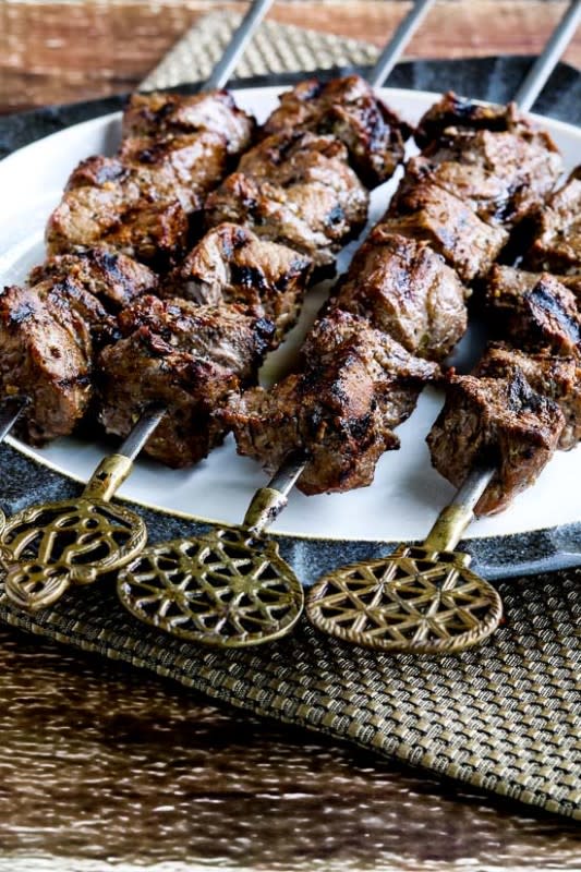 <p>Kalyn's Kitchen</p><p>Using beef stock in place of red wine in the marinade leads to great flavor and fewer carbs.</p><p><strong>Get the recipe:</strong> <a href="https://kalynskitchen.com/marinated-beef-kabobs-and-grilled/" rel="nofollow noopener" target="_blank" data-ylk="slk:Low-Carb Marinated Beef Kabobs;elm:context_link;itc:0;sec:content-canvas" class="link "><strong>Low-Carb Marinated Beef Kabobs</strong></a></p>