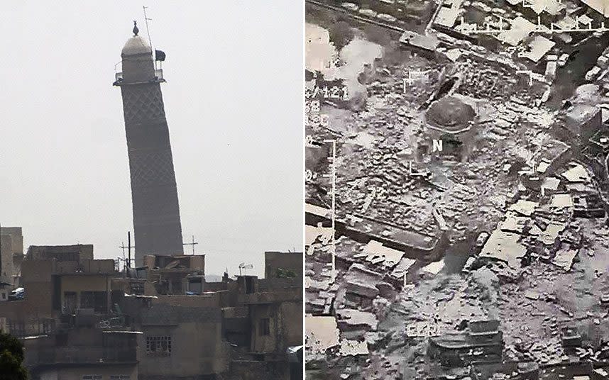 The mosque and minaret before the attack and after it was blown up by Isil on Wednesday night