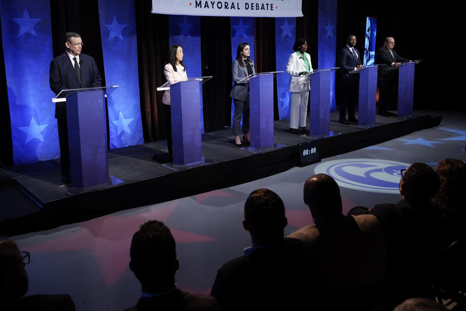 File: Mayoral candidates, from left to right, Jeff Brown, Helen Gym, Rebecca Rhynhart, Cherelle Parker, state Rep. Amen Brown and Allan Domb take part in a Democratic primary debate at the WPVI-TV studio in Philadelphia, Tuesday, April 25, 2023.  / Credit: Matt Rourke / AP