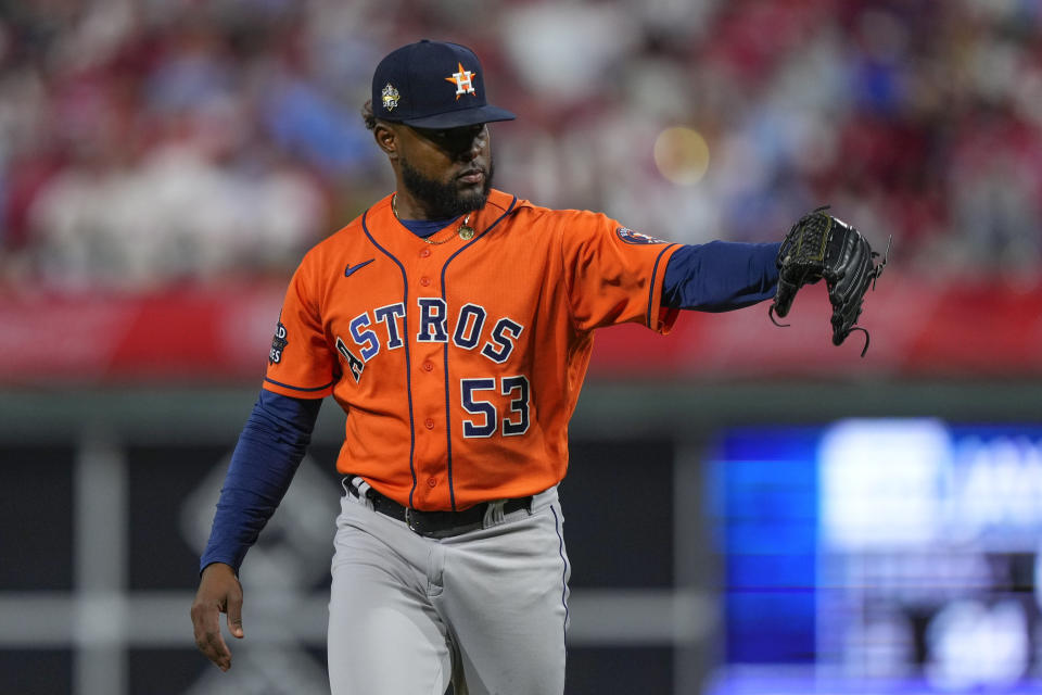 Houston Astros starting pitcher Cristian Javier leaves the field after the sixth inning in Game 4 of baseball's World Series between the Houston Astros and the Philadelphia Phillies on Wednesday, Nov. 2, 2022, in Philadelphia. (AP Photo/Matt Slocum)