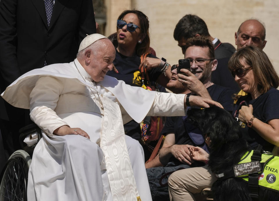 Pope Francis caresses a guide dog during his weekly general audience in St. Peter's Square, at the Vatican, Wednesday, May 31, 2023. (AP Photo/Alessandra Tarantino)