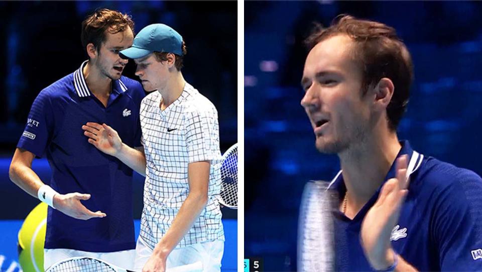 Daniil Medvedev (pictured right) taunting the crowd and (pictured left) embracing Jannick Sinner after their ATP Finals match.