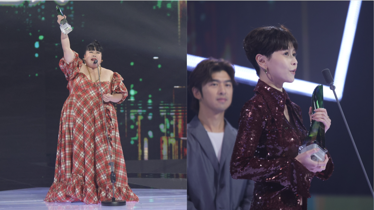 Xixi Lim (left) and He Ying Ying accepting the Top 10 Most Popular Female Artistes award at 2024 Star Awards (Photos: Mediacorp) 