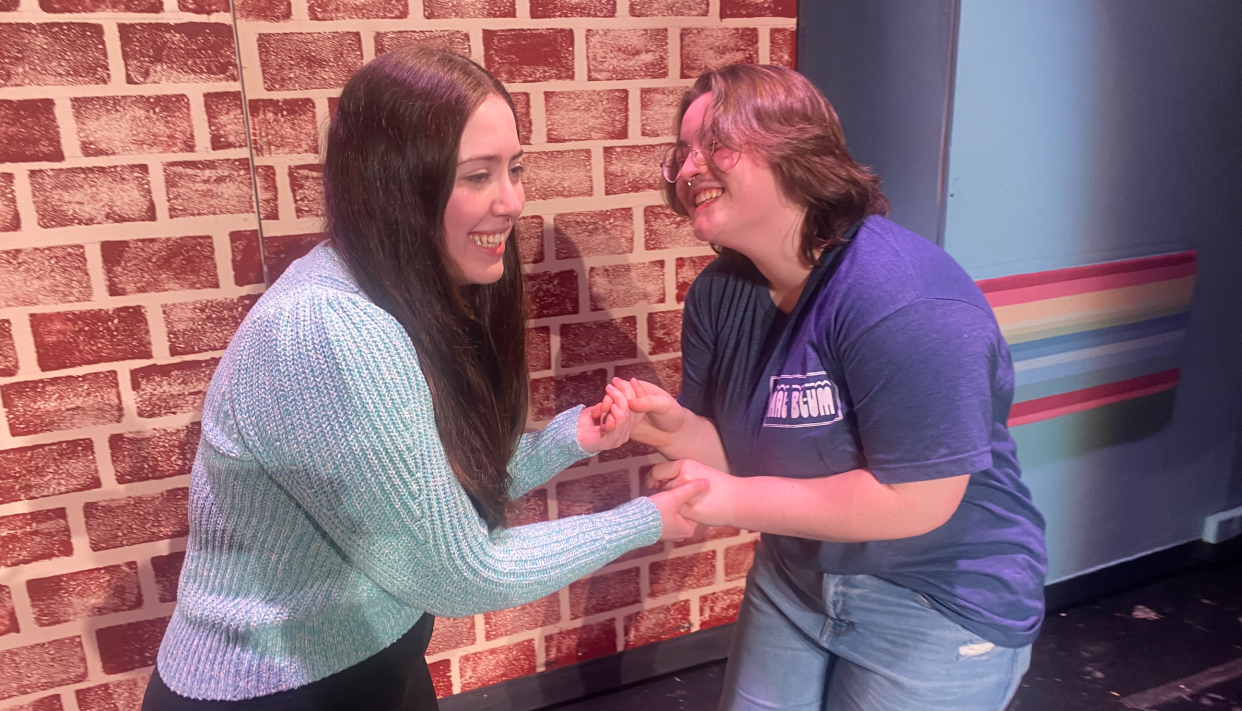 Jade Beauregard, left, with Emma Bettencourt, right, rehearse together for "The Prom" at Fairhaven High School. The two performers play the couple being banned from attending prom together in the musical.