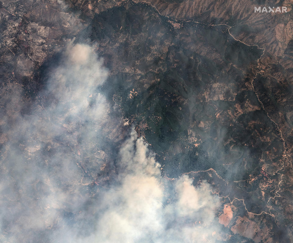 This satellite image provided by MaxarTechnologies shows an active fire line of the Lake Fire, Tuesday, July 9, 2024, in Santa Barbara County, Calif. (Satellite image ©2024 Maxar Technologies via AP)
