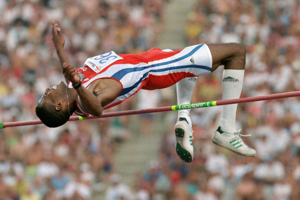 Javier Sotomayor of Cuba attempts to jump 2.37m in the high-jump competition 02 August, 1992 in Barcelona, Spain. Sotomayor failed at that height, but won the gold medal with a jump of 2.34m