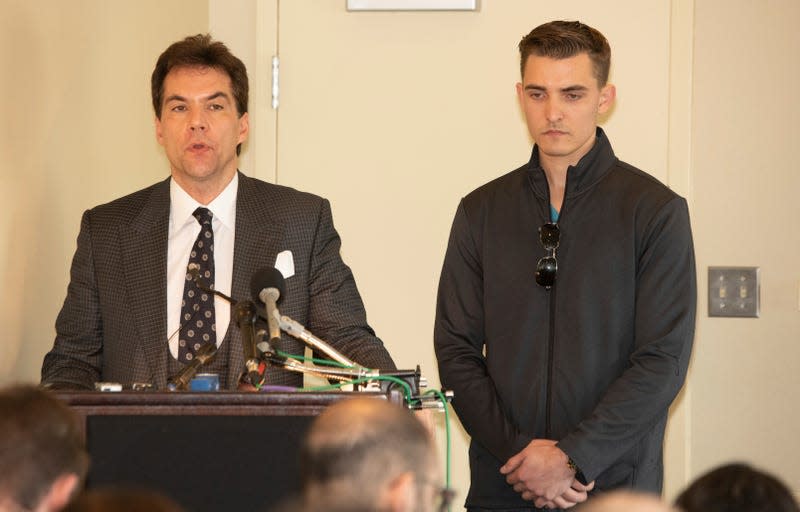 NOV 1, 2018 : Jack Burkman and Jacob Wohl speak to the media about alleged allegations against Robbert Mueller at the Holiday Inn in Rosslyn Va - Photo: John Middlebrook/CSM via ZUMA Wire (AP)