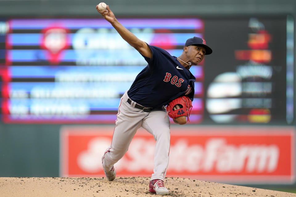 Boston Red Sox starting pitcher Brayan Bello delivers during the first inning of a baseball game against the Minnesota Twins, Monday, Aug. 29, 2022, in Minneapolis. (AP Photo/Abbie Parr)