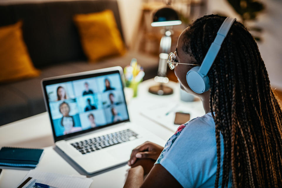 Woman on a Zoom call from her home office