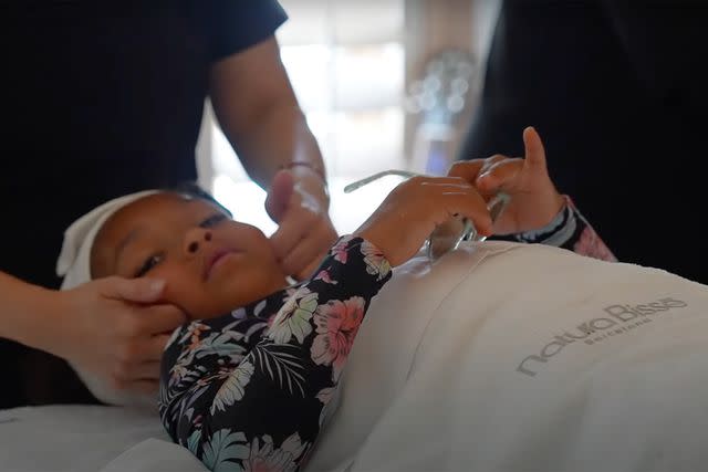 <p>Serena Williams/YouTube</p> Serena Williams' daughter Olympia enjoying a facial at her mom's "pre-push party."