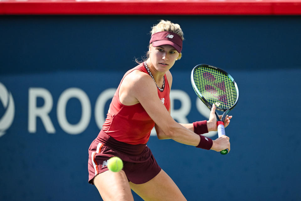 MONTREAL, QC - AUGUST 05: Eugenie Bouchard (CAN) returns the ball during the qualifying round match at WTA National Bank Open on August 05, 2023 at IGA Stadium in Montreal, QC (Photo by David Kirouac/Icon Sportswire via Getty Images)