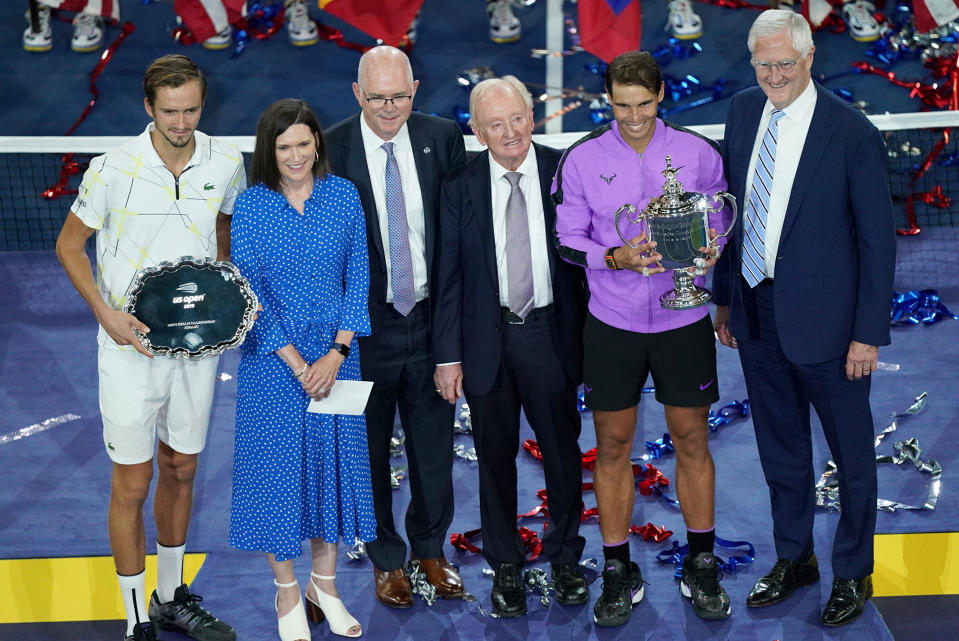 Tennis: US Open: Spain Rafael Nadal victorious with US Open Trophy and Russia Daniil Medvedev with Runner Up Dish Trophy posing with (L-R) JPMorgan Chase chief financial officer Jennifer Piepszak, USTA chairman of the board and president Patrick Galbraith, and USTA executive director and CEO Gordon Smith after Men's Finals match at BJK National Tennis Center.
Flushing, NY 9/8/2019
CREDIT: Carlos M. Saavedra (Photo by Carlos M. Saavedra /Sports Illustrated/Getty Images)
(Set Number: X162877 TK1 )