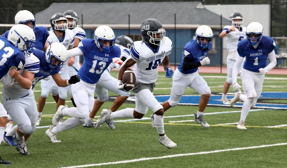 Dobbs Ferry's Khamrin Holman carries the ball during their football game against Bronxville, at Bronxville High School, Sept. 23,. 2023. Dobbs Ferry beat Bronxville, 12-7.