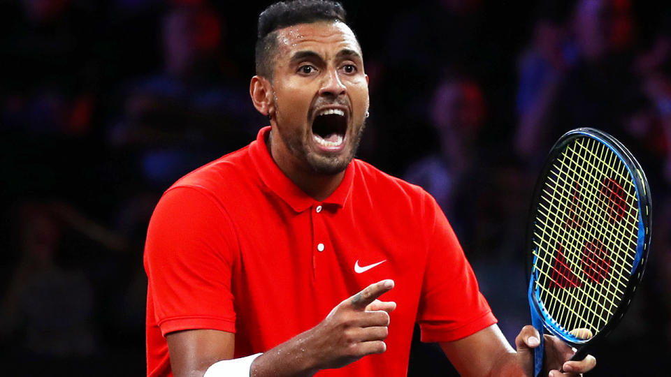 Nick Kyrgios in action in the Laver Cup. (Photo by Clive Brunskill/Getty Images for Laver Cup)