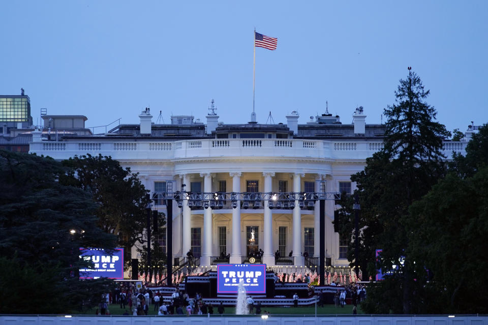 The White House stands ready for President Donald Trump to speak from the South Lawn of the White House on the fourth day of the Republican National Convention, Thursday evening, Aug. 27, 2020, in Washington. (AP Photo/Carolyn Kaster)